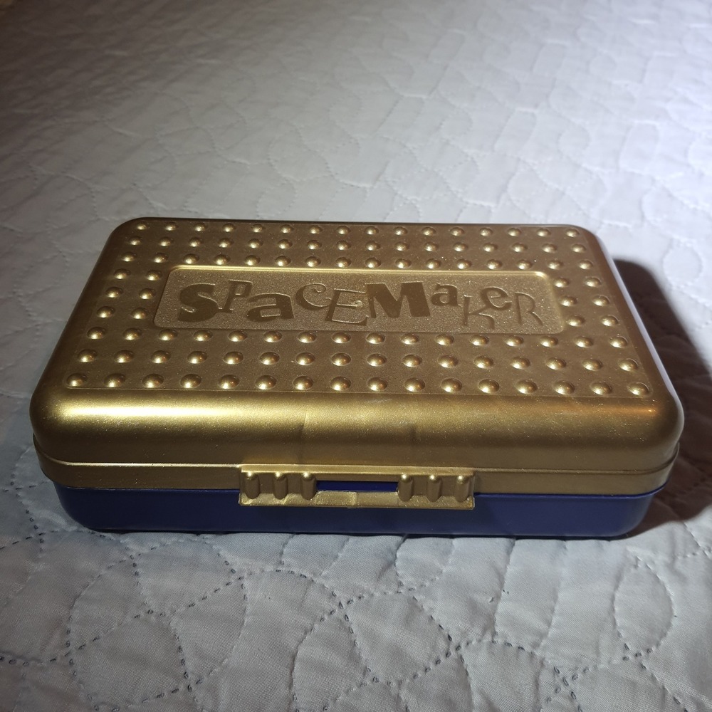 Vintage SpaceMaker Pencil Case Holder Organizer Box Gold Blue Plastic